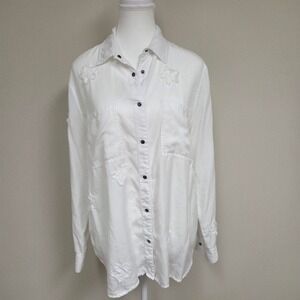 REPEAT White Distressed Star Embellished Button Down Shirt Top Womens S